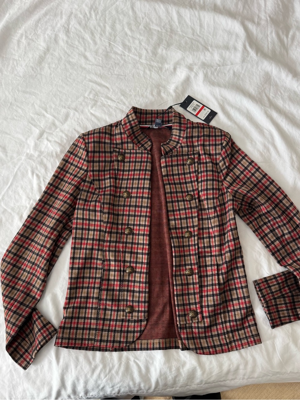 Tommy Hilfiger Red, Black and Tan Plaid Double-Breasted Blazer